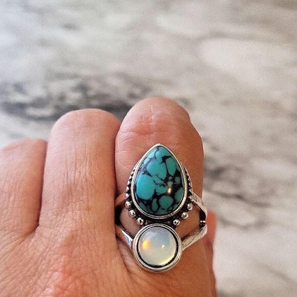 Boho Style Ring Inlaid Waterdrop Shape Turquoise Color Spherical Moonstone Match - Picture 7 of 8